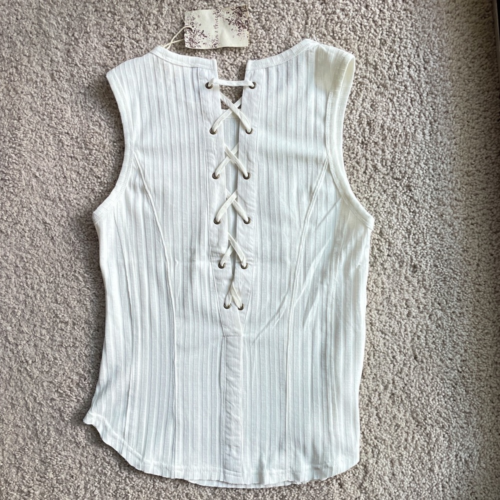 Hem & Thread White Ribbed Criss-Cross Laced Back Sleeveless Top Size Small